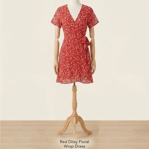 Red Ditsy Floral Wrap Dress